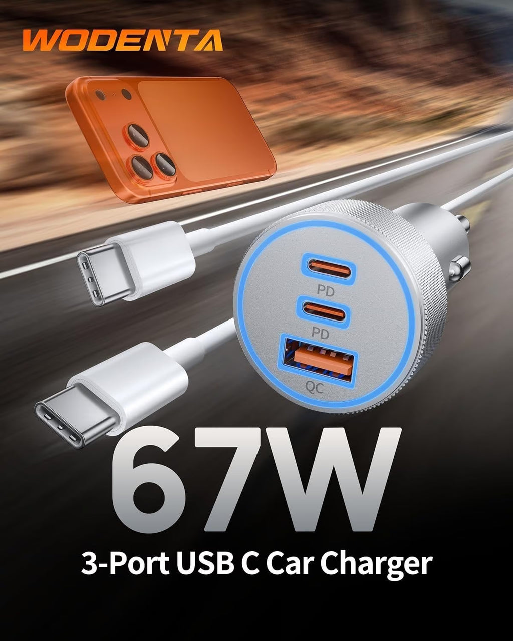 67W Fast USB-C Car Charger with Cable