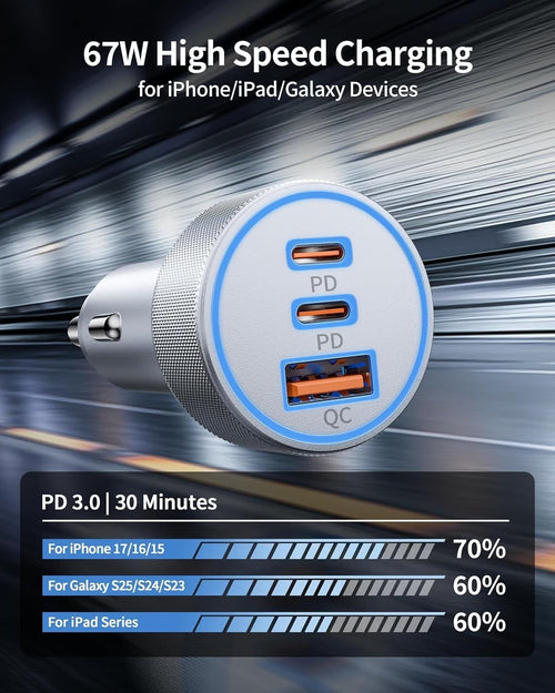 67W Fast USB-C Car Charger with Cable