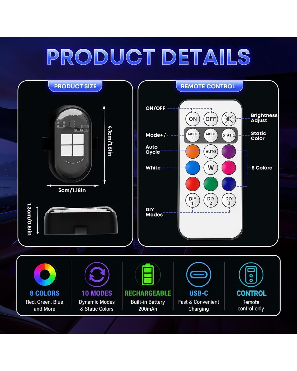 Wireless Rechargeable Car Interior LED Lights